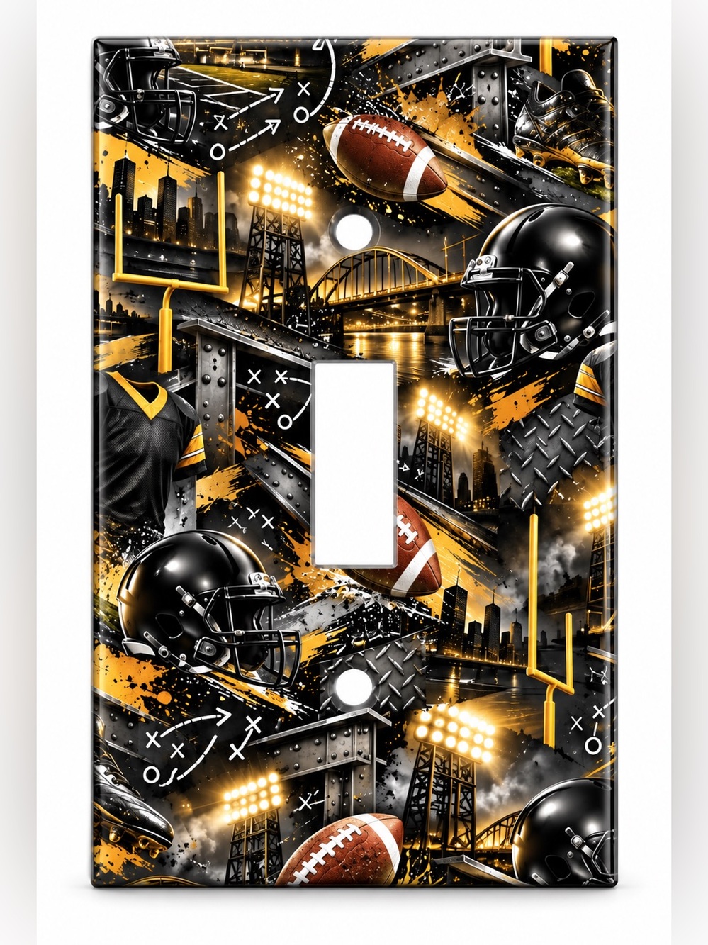 Black Gold Football Light Switch Cover Boys Kids Room Sports Steel City Decor